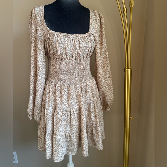 Princess Polly Dresses & Skirts - Princess Polly Cream Floral Smocked Mini Dress Long Sleeve Cottagecore Size 6